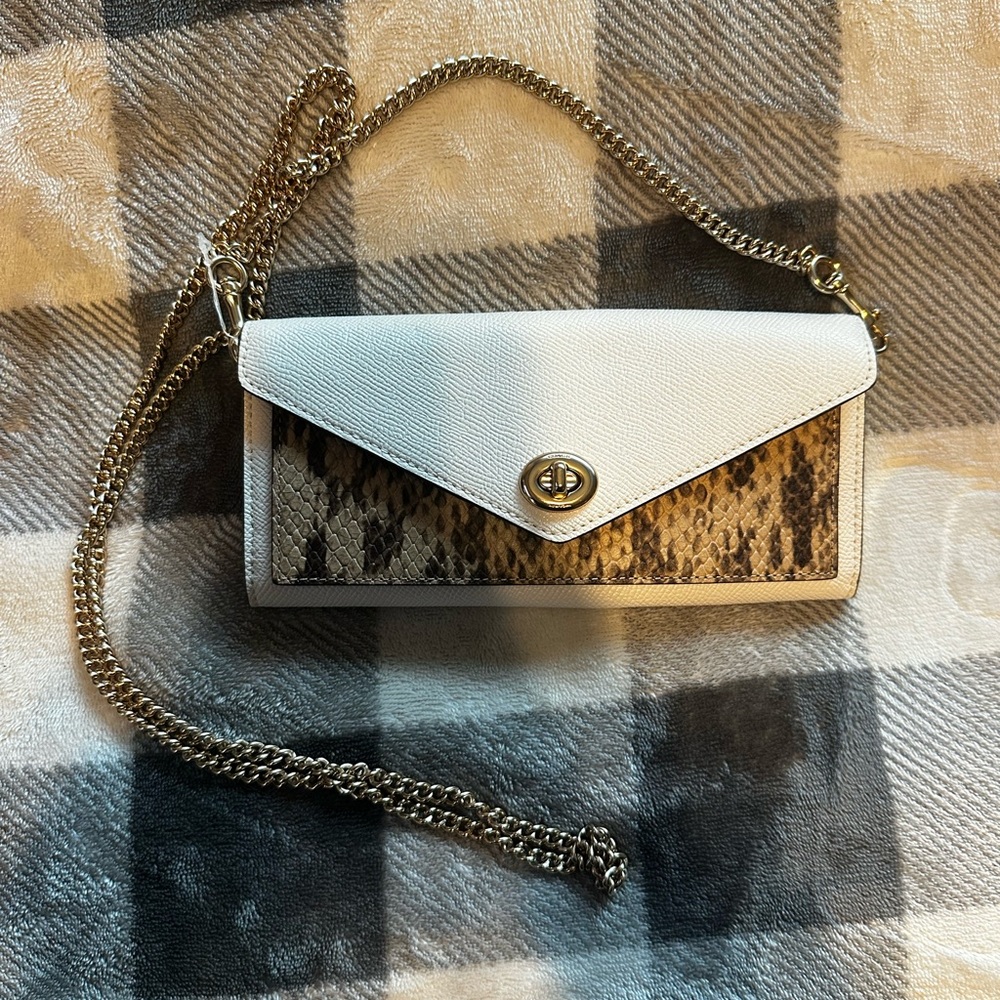 Coach Elegant White and Brown Chain Clutch